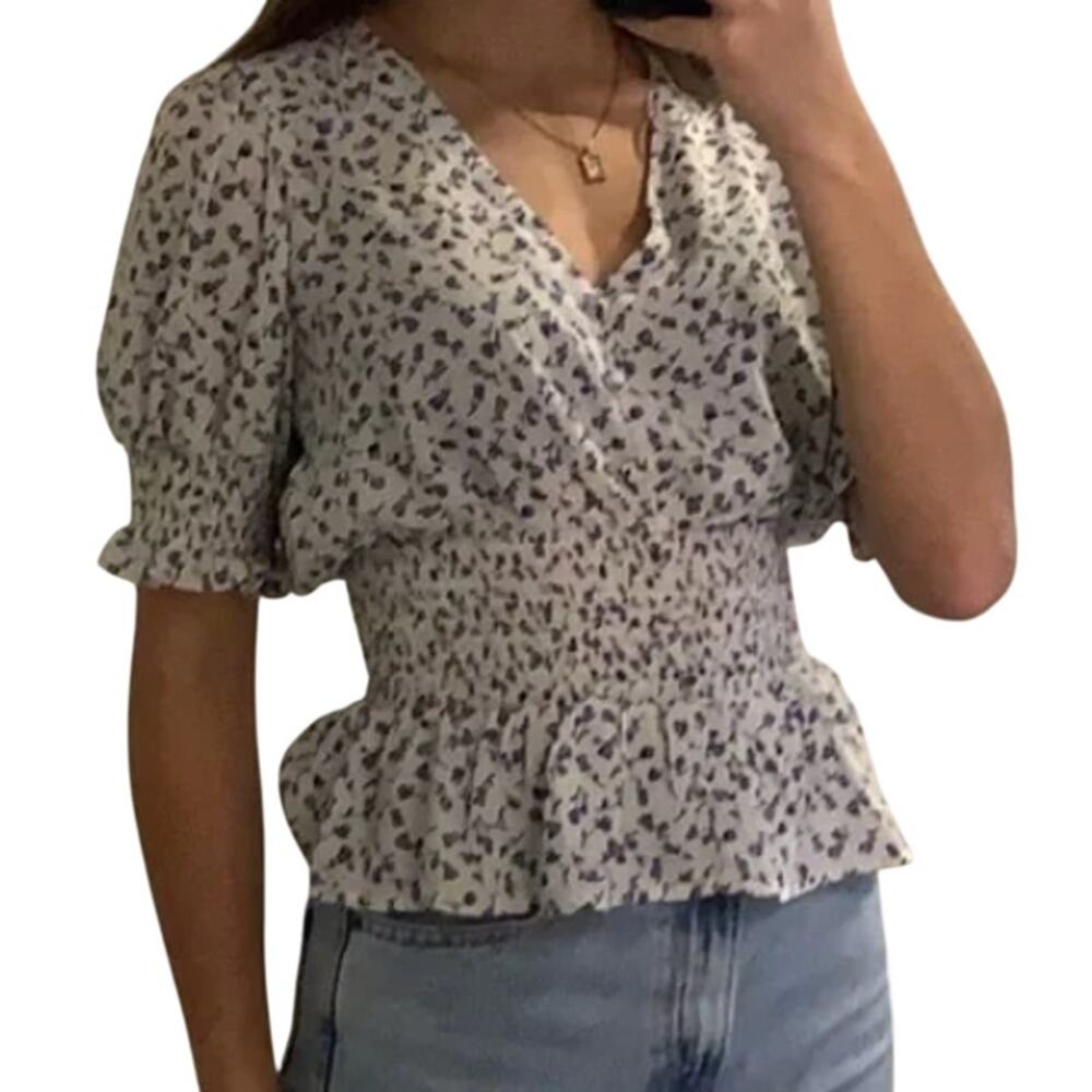 Sienna Sky Women's Medium Blue Floral Short Sleeve V-Neck Peplum Shaping Blouse